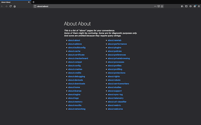 A list of specific about: pages.