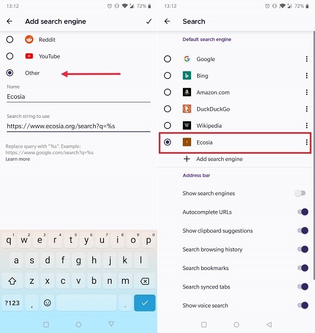 How Change Default Search Engine Android Firefox Input Address Ecosia Added