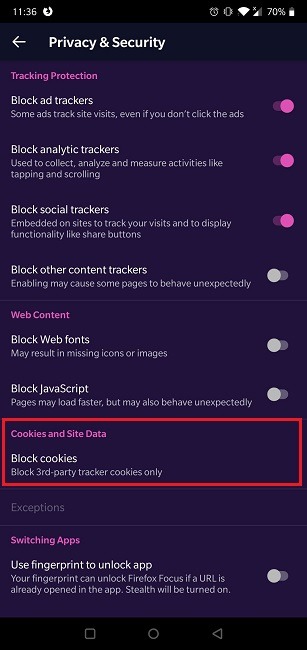 How To Enable Cookies Android Browser Firefox Focus Cookies And Site Data