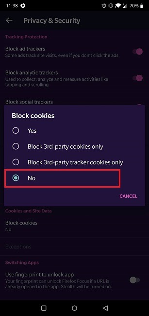 How To Enable Cookies Android Browser Firefox Focus Cookies Enabled