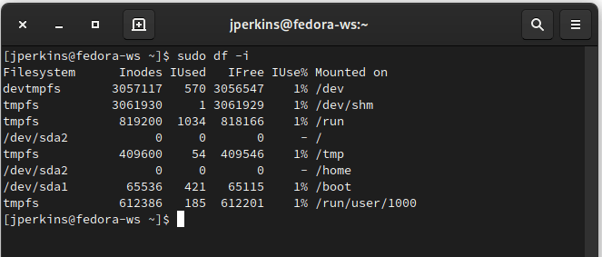 Linux check filesystem inodes No Space On Device Inodes