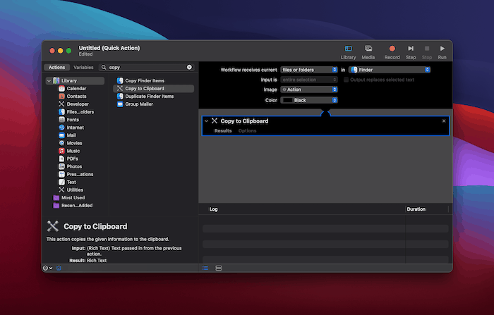 Dragging the Copy to Clipboard option to the Workflow area in Automator.