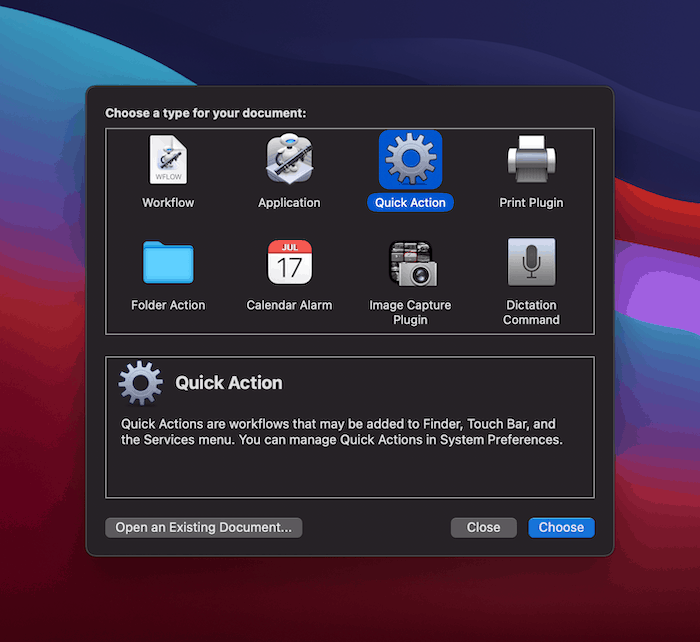 Choosing a Quick Action in Automator.
