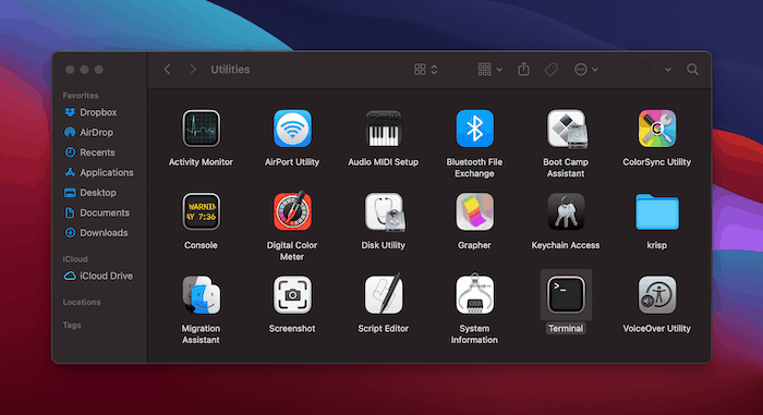 The Terminal app in the Utilities folder.