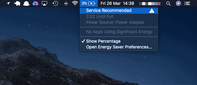A Service Recommended warning for a Mac battery.