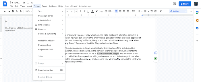 The Format menu in Google Docs.
