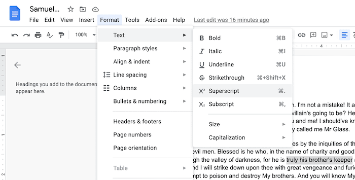 The Google Docs Text sub-menu.
