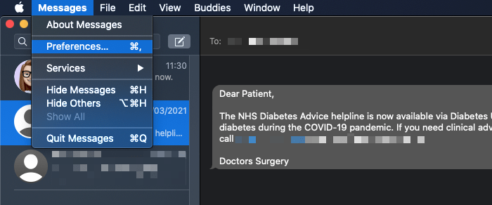 The Messages Preferences screen.
