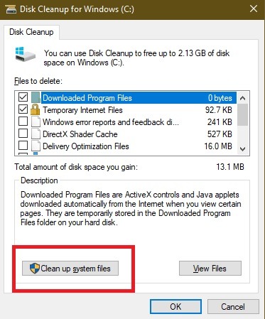 Removing files using Disk Cleanup.