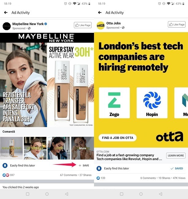 Ad Activity Facebook Mobile Recent Ads View