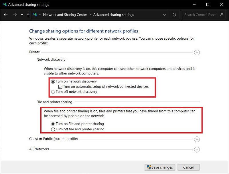 Advanced Sharing Lan Connection Windows 10