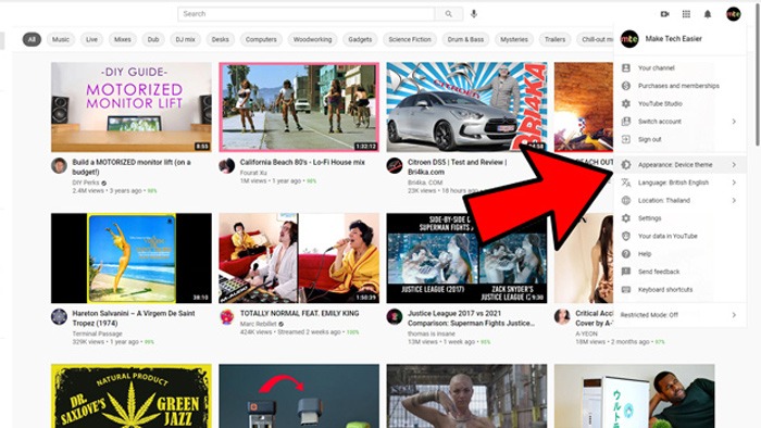 Enable Youtube Dark Mode Settings