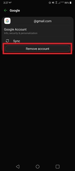 Remove account option on Android.