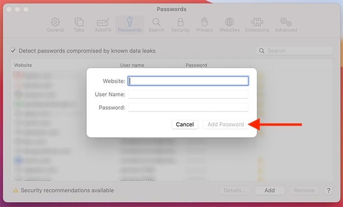 Safari View Saved Passwords Adding New Password Manually
