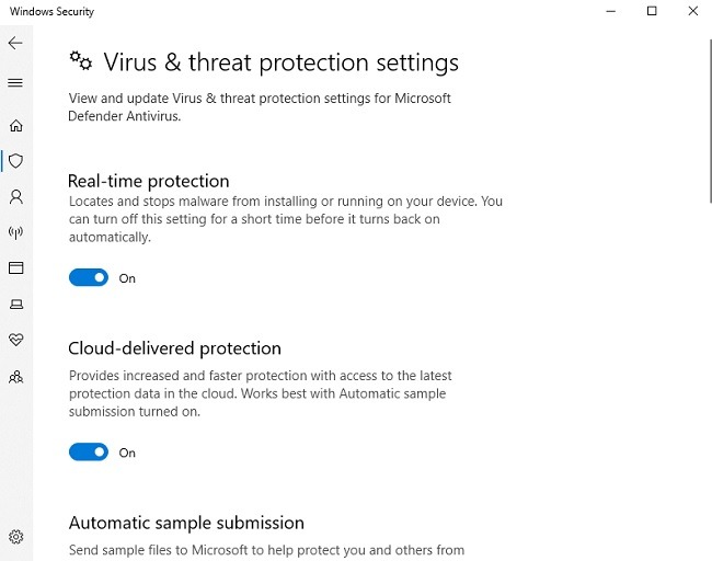Turn off protection settings in Virus and Threat protection in Windows Security.
