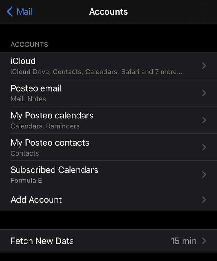 A list of accounts on an iOS device.