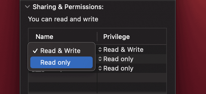 Setting new file permissions for a file in macOS.