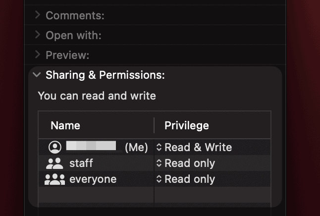 The Get Info panel, showing permissions.