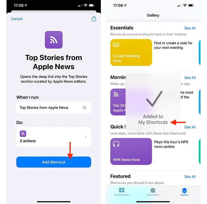 Create Siri Shortcuts Adding Existing Shortcut From Gallery