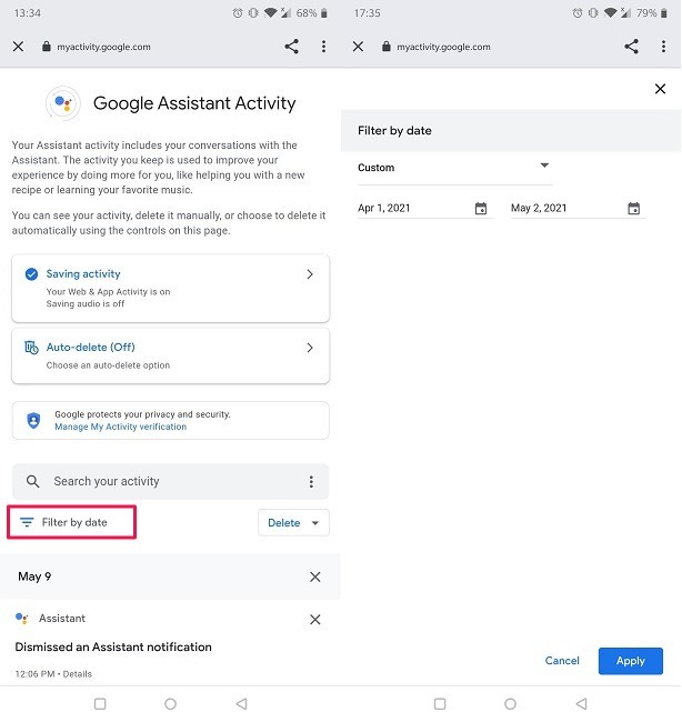 Erase Googgle Assistant Voice Commands Filter By Date