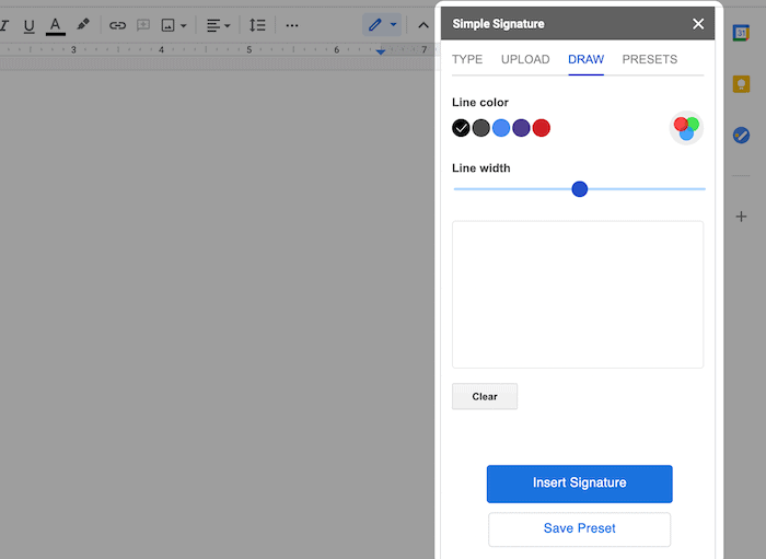 Drawing a signature with Simple Signature.