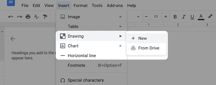 The Drawing option in Google Docs.