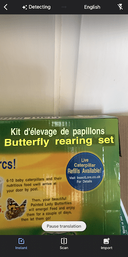 Translated real-time text in Google Translate.