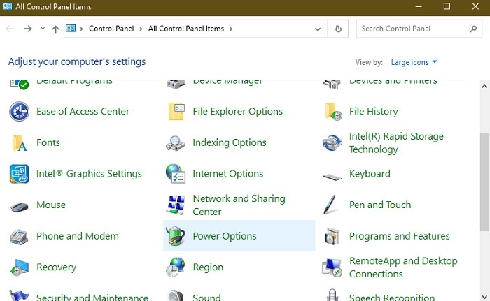 Opening power options in Control Panel.