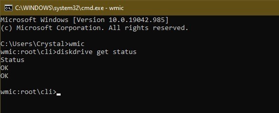 Viewing WMIC results after checking hard disk health.