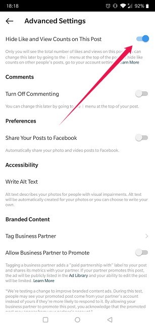 How To Hide Likes Instagram New Post Toggle On
