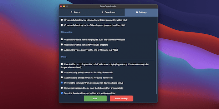 The Downloads Settings screen.