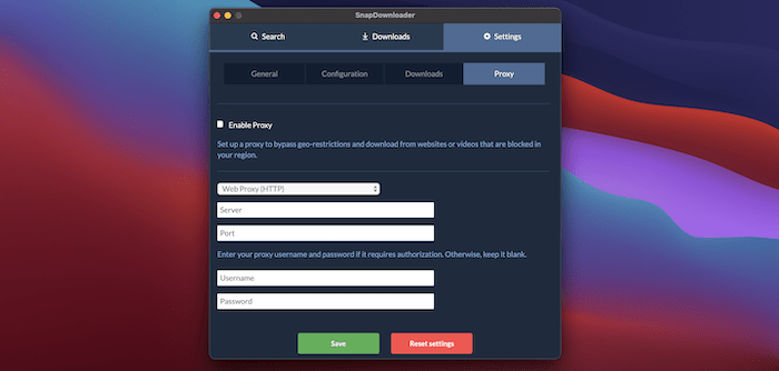 The Proxy settings screen.
