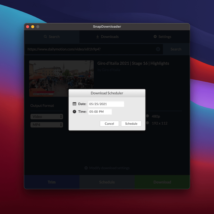 Scheduling a download in SnapDownloader.