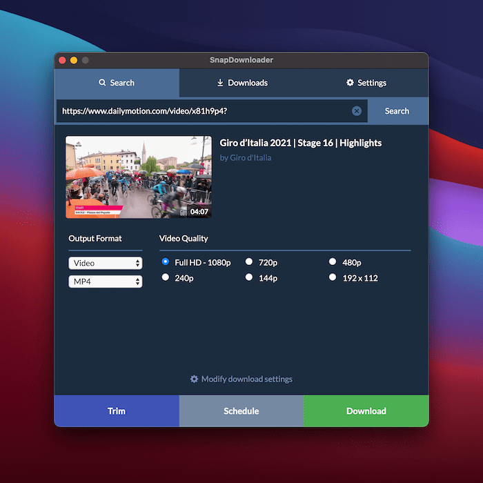 Downloading a video from SnapDownloader.
