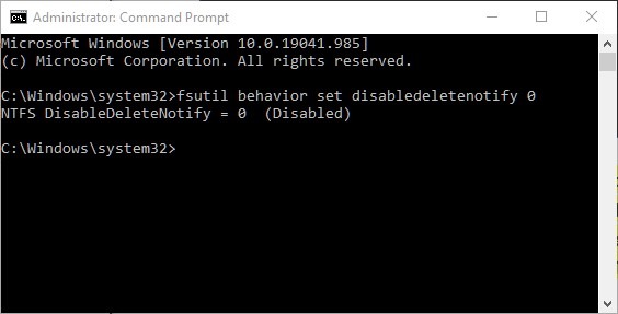 SSD enable TRIM command prompt
