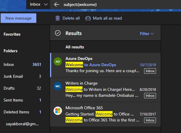 All Accounts Email Outook Advanced Subject Results