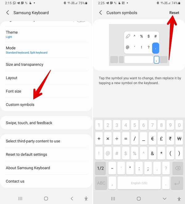 Samsung Keyboard Reset Symbols
