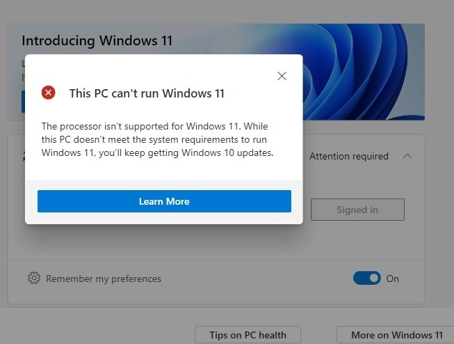 Windows11 Compatibility Pc Health Cant Run