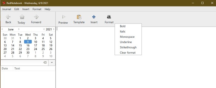 Looking at formatting options in RedNotebook.