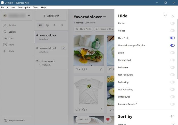 Combin Review Dashboard Filter Search Results