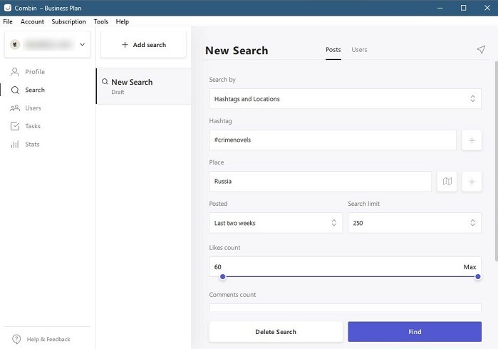 Combin Review Dashboard Search Hashtag Location