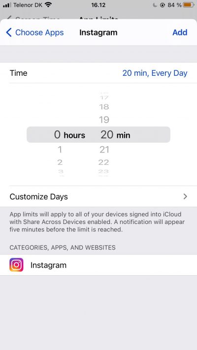 Screenshot showing customized IG limit
