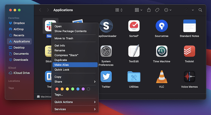 The Make Alias option in the context menu.