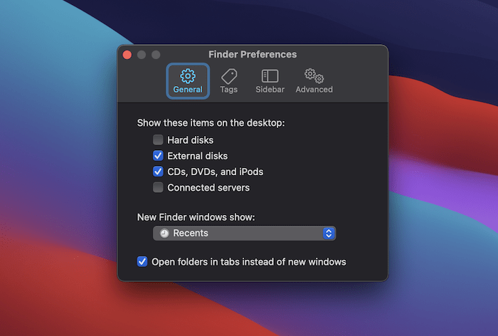 The Finder Preferences screen.