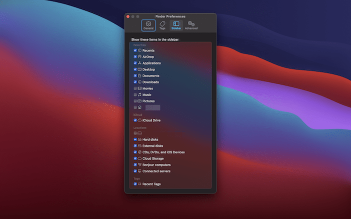The Sidebar section in Finder preferences.