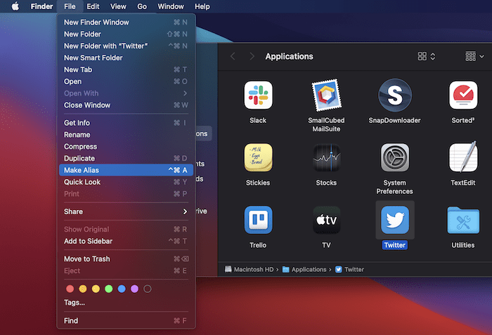 Make Alias option in the Finder File menu.