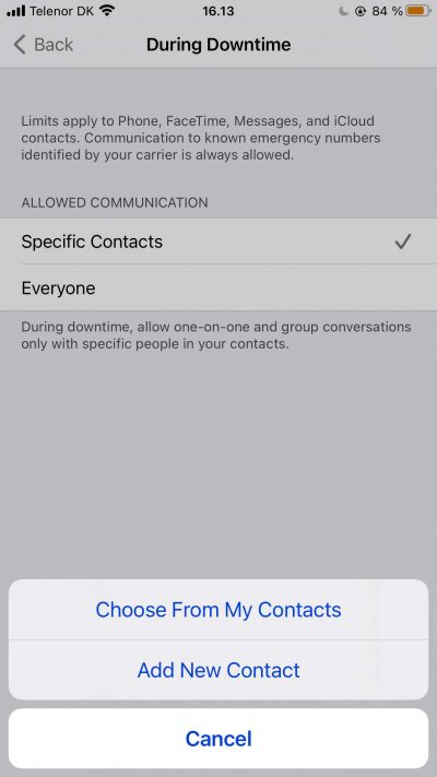 Screenshot showing options for choosing Downtime contacts on iPhone