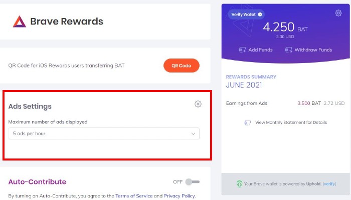 Earn Crypto Brave Ads Settings