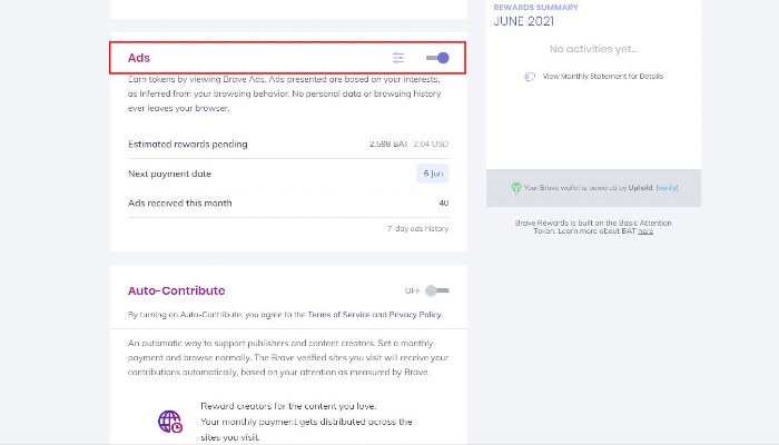 Earn Crypto Reward Settings