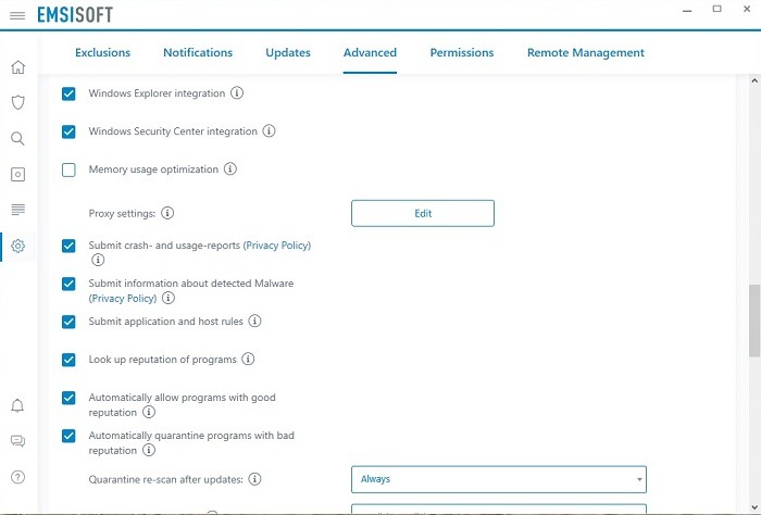 Emsisoft Review Advanced Settings